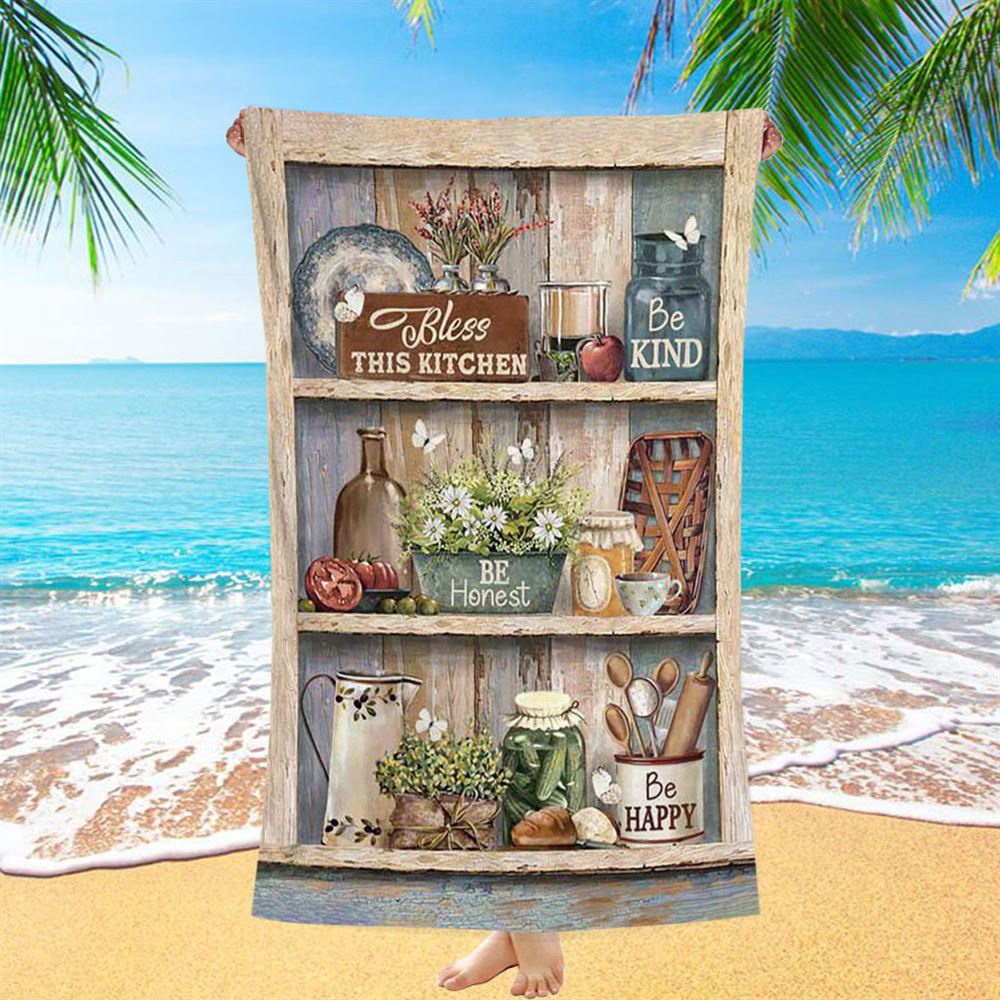 Bless This Kitchen Be Happy Beach Towel, Christian Beach Towel, Summer Towels