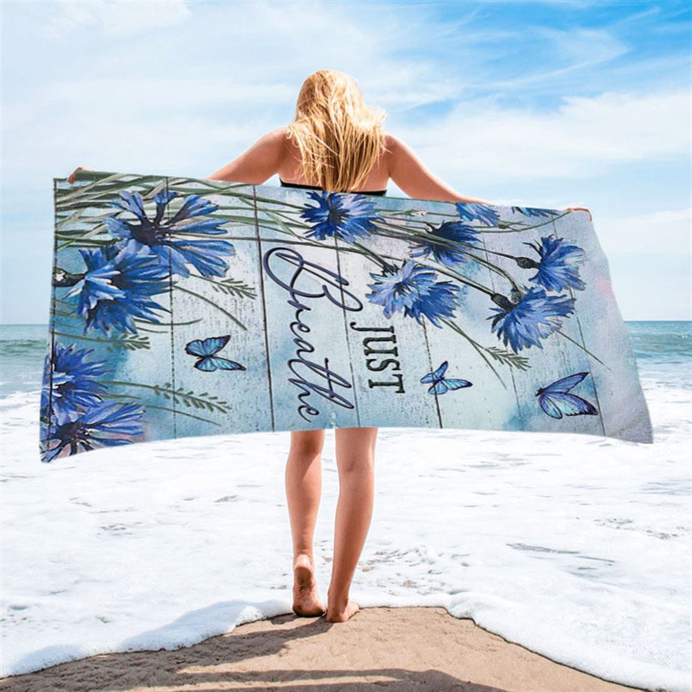 Blue Flower Just Breath Beach Towel, Christian Beach Towel, Summer Towels