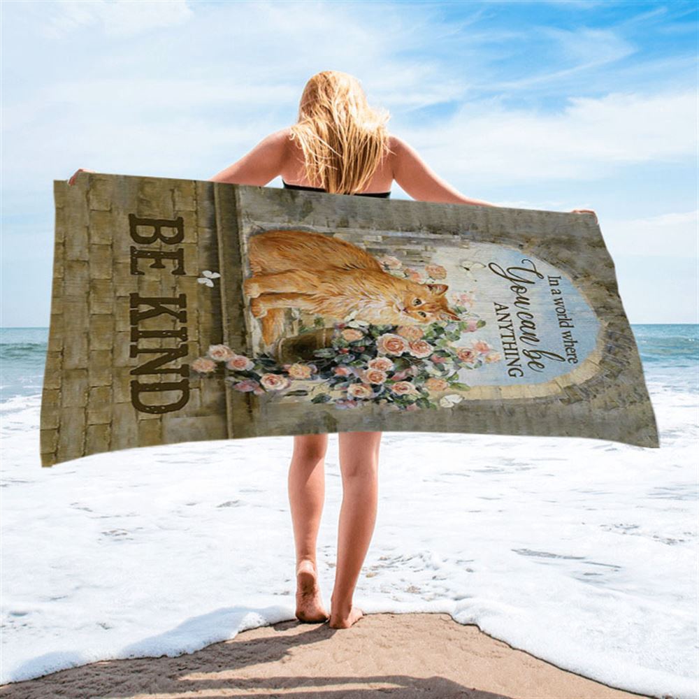 Brown Cat In A World Where You Can Be Anything Beach Towel, Christian Beach Towel, Summer Towels