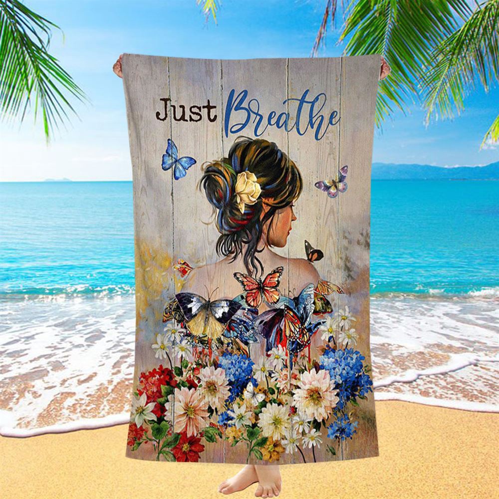 Butterfly Flowers Garden Just Breathe Beach Towel, Christian Beach Towel, Summer Towels Butterfly Flowers Garden Just Breathe Beach Towel, Christian Beach Towel, Summer Towels