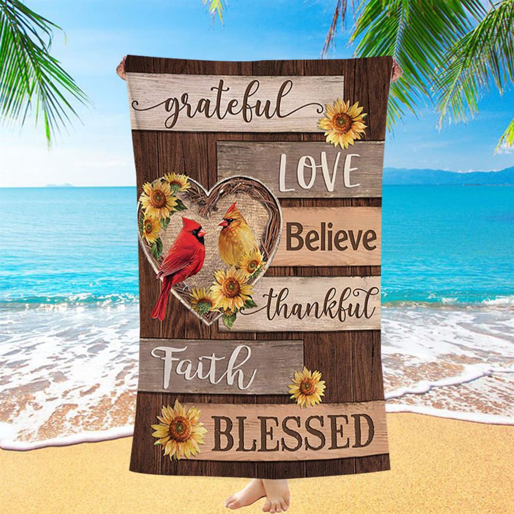 Cardinal Couple Sunflower Grateful Love Believe Beach Towel, Christian Beach Towel, Summer Towels