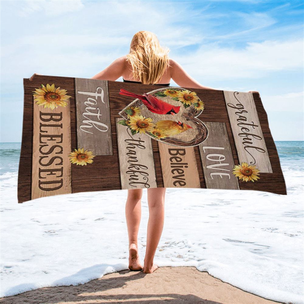 Cardinal Couple Sunflower Grateful Love Believe Beach Towel, Christian Beach Towel, Summer Towels