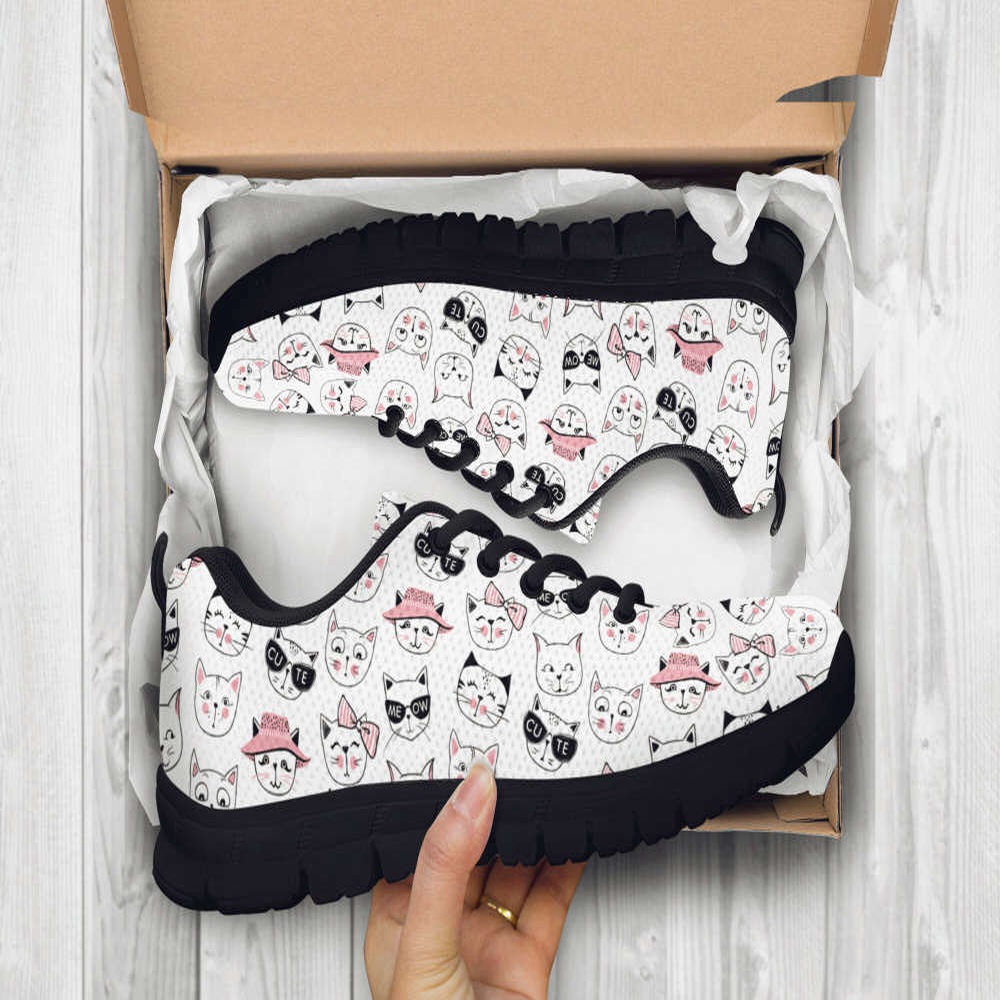 Cat Face Shoes Custom Name Shoes Cat Pattern Running Sneakers, Designer Sneakers, Sneaker Shoes