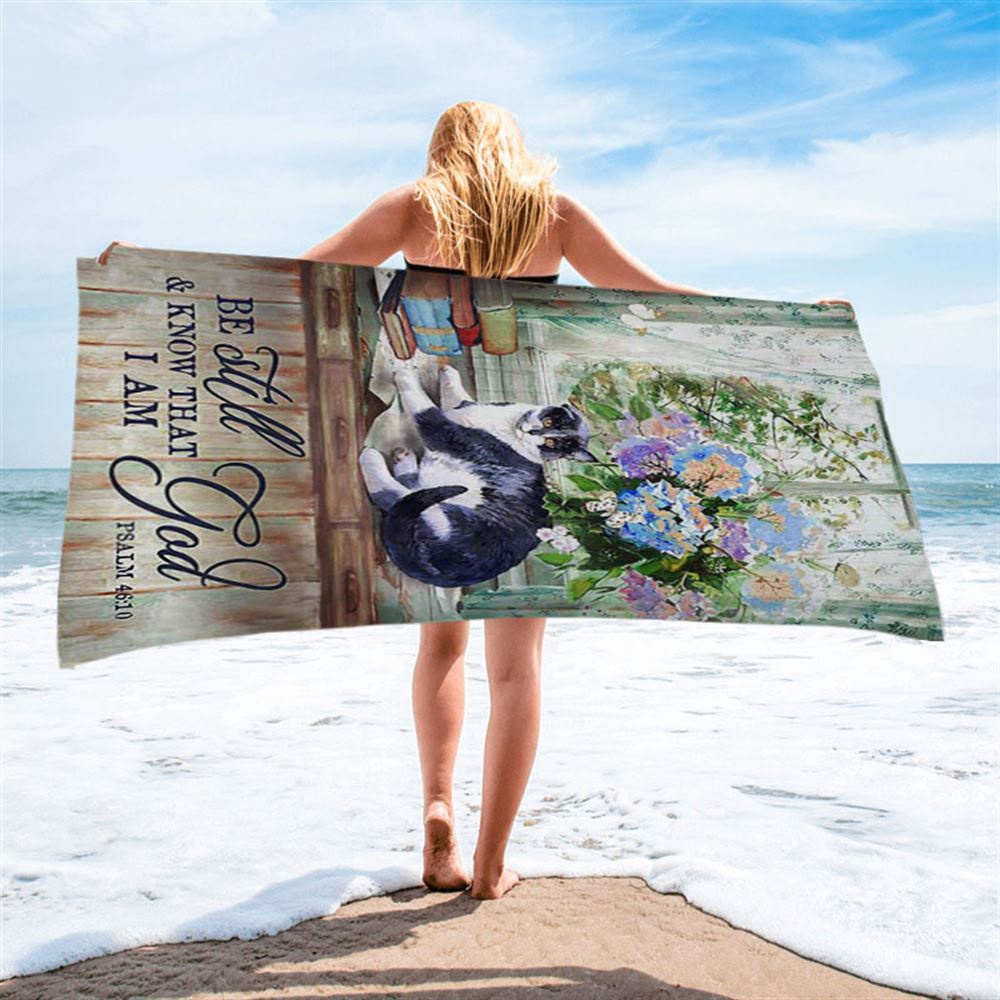 Cat Hydrangea Vase Book, Be Still And Know That I Am God Beach Towel, Christian Beach Towel, Summer Towels