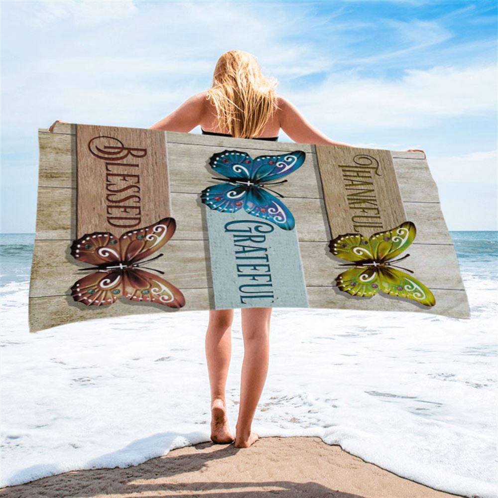 Christian Butterfly Thankful Grateful Blessed Beach Towel, Christian Beach Towel, Summer Towels