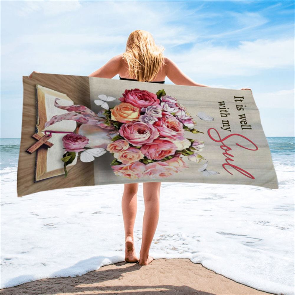 Christian It Is Well With My Soul Roses With Old Bible Book Beach Towel, Christian Beach Towel, Summer Towels