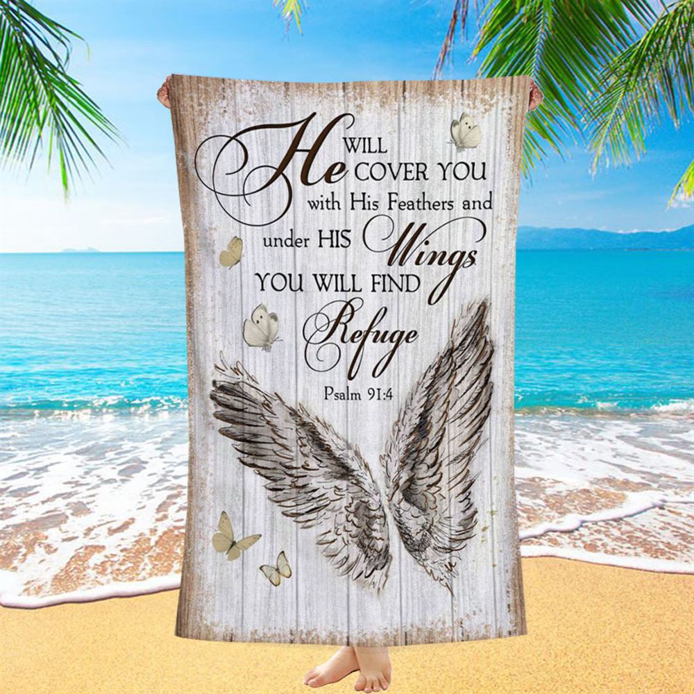 Christian Psalm 914 He Will Cover You With His Feathers Beach Towel, Christian Beach Towel, Summer Towels