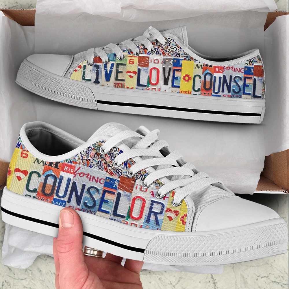 Counselor Live Love Counsel License Plates Low Top Shoes Malalan, Low Top Designer Shoes, Low Top Sneakers