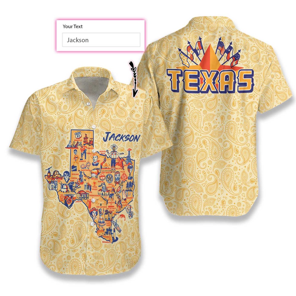 Cream Paisley Pattern Texas Vintage Custom Hawaiian Shirt, Texas Hawaii Shirt, Texas Shirt