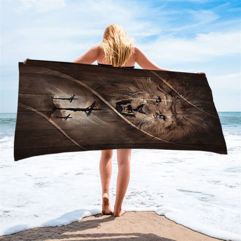 Cross Lion Of Judah Beach Towel, Christian Beach Towel, Summer Towels