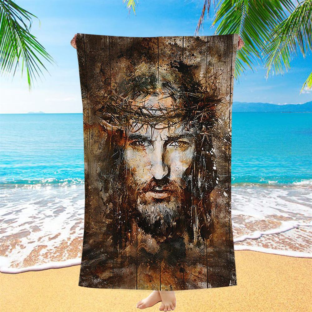 Crown Of Thorns Jesus Face Beach Towel, Christian Beach Towel, Summer Towels