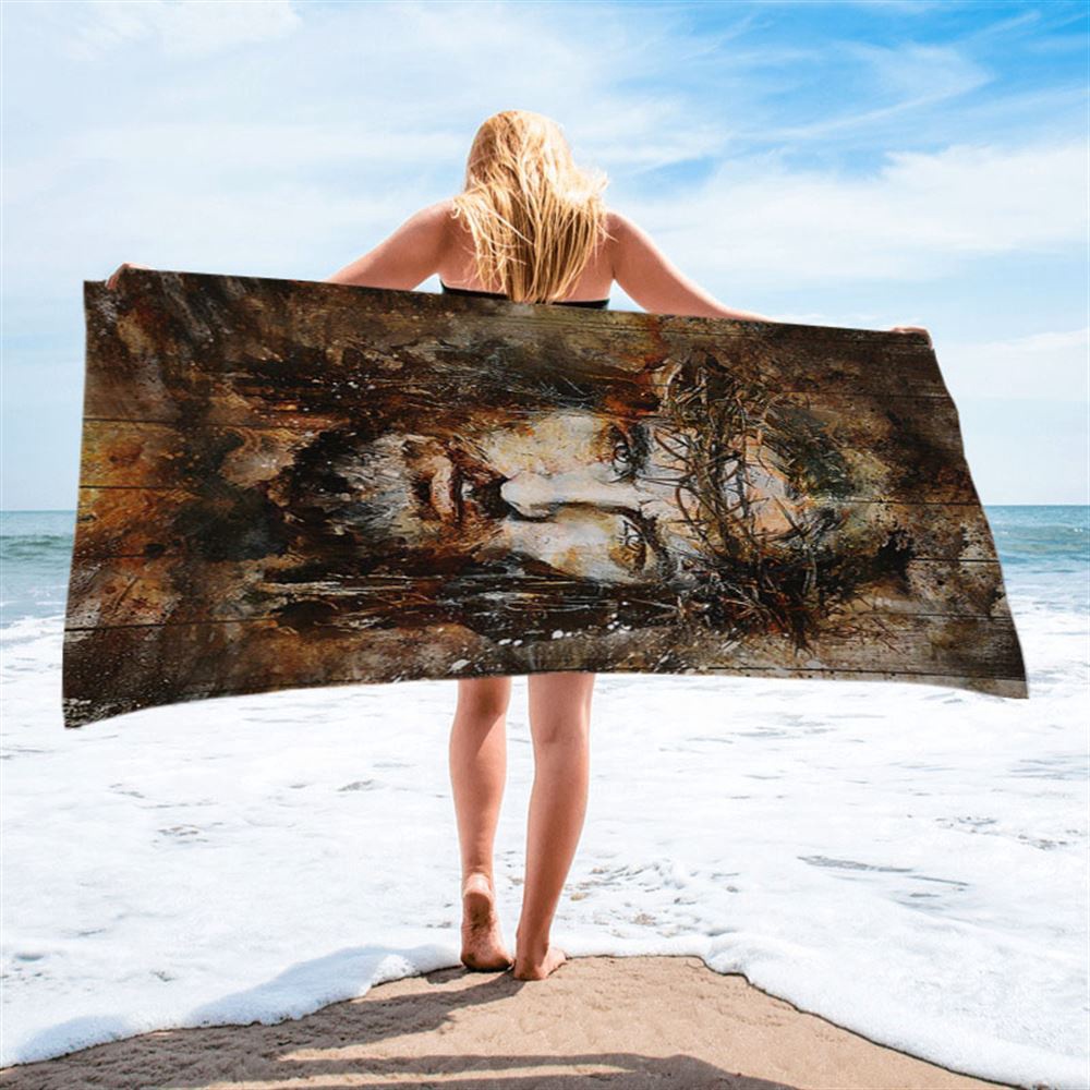 Crown Of Thorns Jesus Face Beach Towel, Christian Beach Towel, Summer Towels