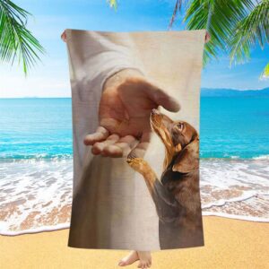 Dachshund Handshake With Jesus Beach Towel, Christian&hellip;