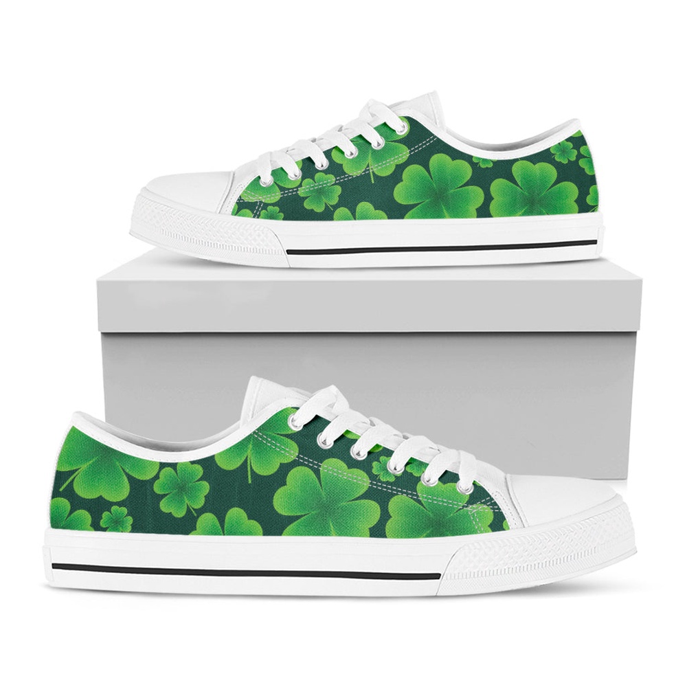 Four-Leaf Clover St. Patrick’s Day Print White Low Top Shoes, Low Top Designer Shoes, Low Top Sneakers