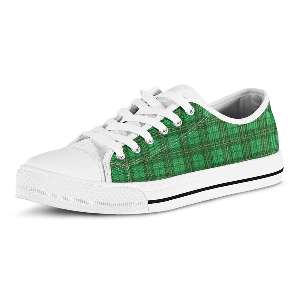 Green Tartan St. Patrick’s Day Print White Low Top Shoes, Low Top Designer Shoes, Low Top Sneakers