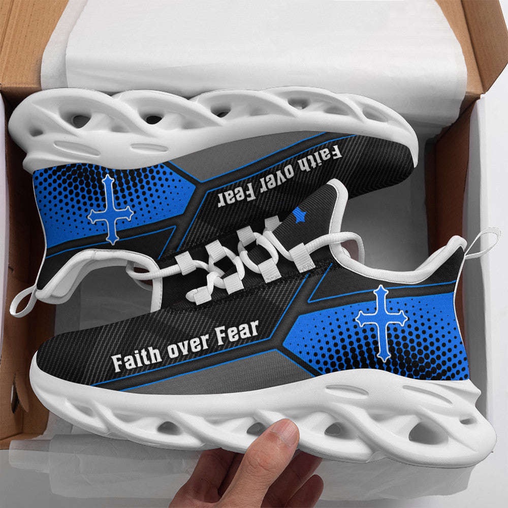 Jesus Faith Over Fear Blue Black Running Sneakers Max Soul Shoes, Max Soul Sneakers, Max Soul Shoes