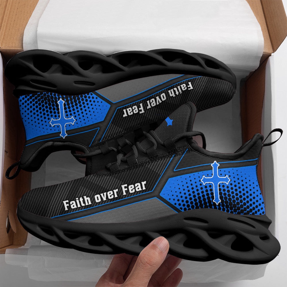 Jesus Faith Over Fear Blue Black Running Sneakers Max Soul Shoes, Max Soul Sneakers, Max Soul Shoes