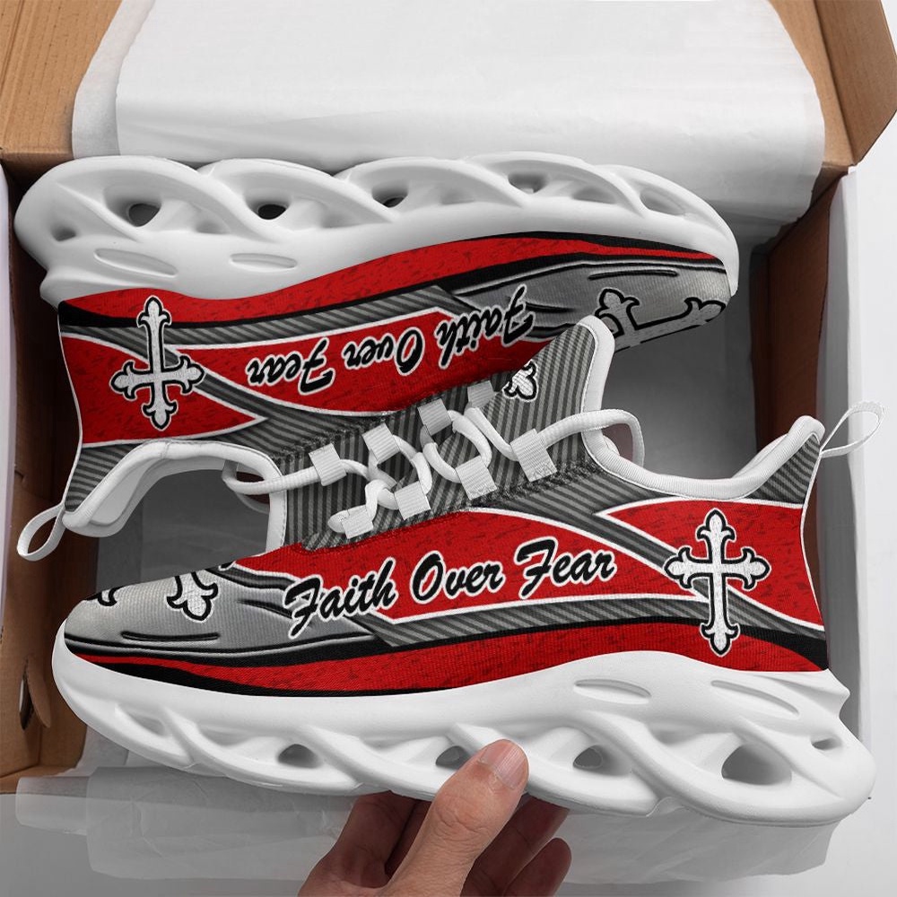 Jesus Faith Over Fear Red And Black Running Sneakers Max Soul Shoes, Max Soul Sneakers, Max Soul Shoes