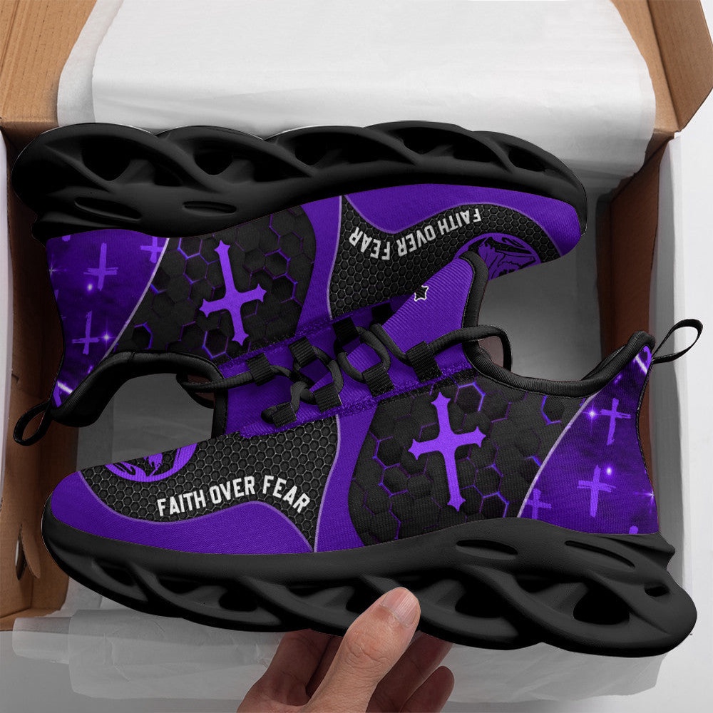 Jesus Faith Over Fear Running Sneakers Purple Max Soul Shoes, Max Soul Sneakers, Max Soul Shoes