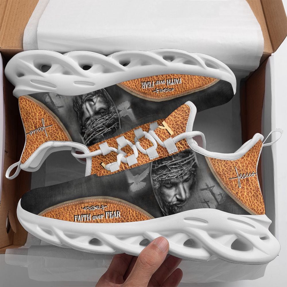 Jesus Faith Over Fear Running Sneakers Yellow Max Soul Shoes, Max Soul Sneakers, Max Soul Shoes