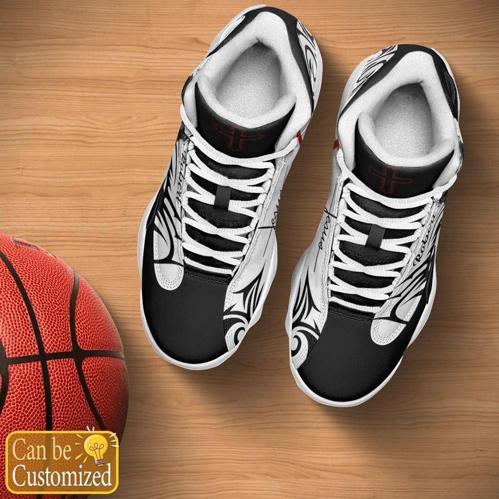 Jesus Pattern Custom Name Basketball Shoes Black And White, Christian Basketball Shoes, Basketball Shoes 2024