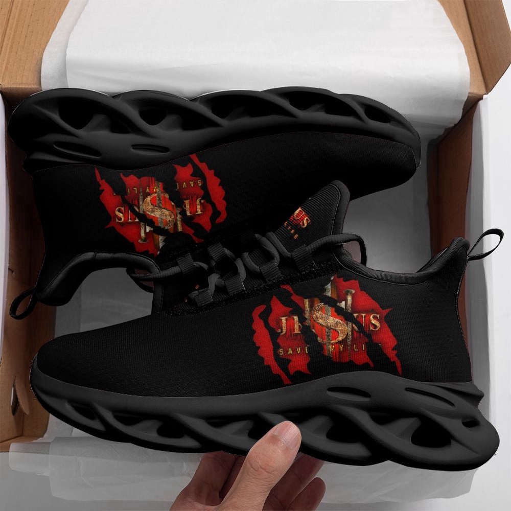 Jesus Saved My Life Running Sneakers Black Max Soul Shoes, Max Soul Sneakers, Max Soul Shoes