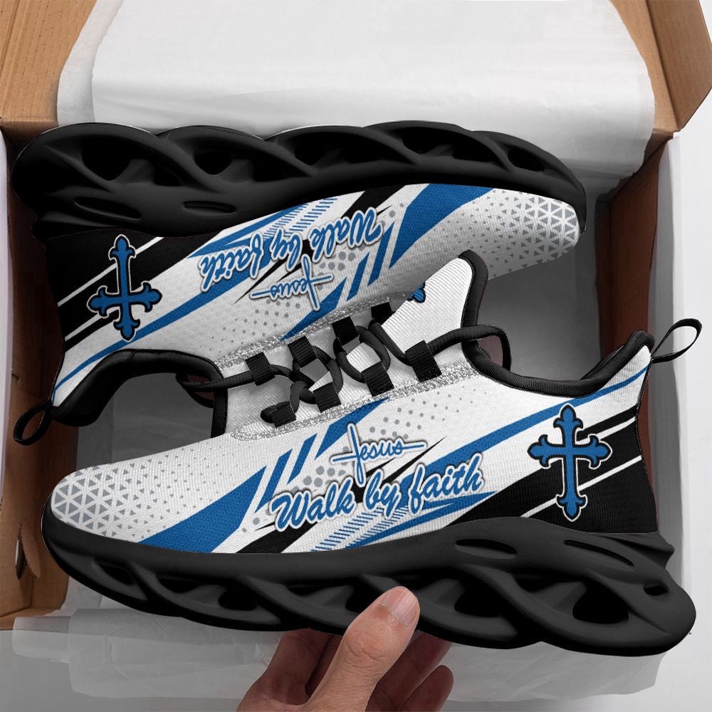 Jesus Walk By Faith Blue Running Sneakers Max Soul Shoes, Max Soul Sneakers, Max Soul Shoes
