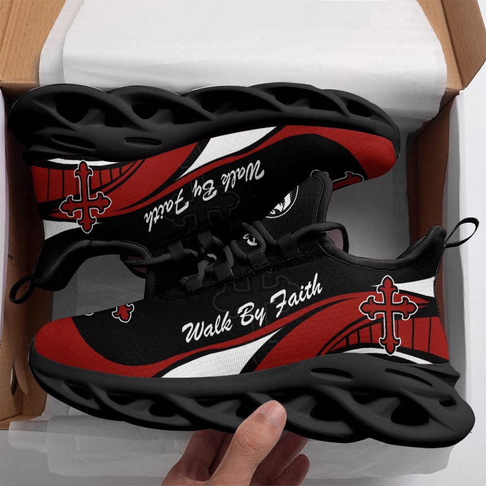 Jesus Walk By Faith Red And Black Running Sneakers Max Soul Shoes, Max Soul Sneakers, Max Soul Shoes