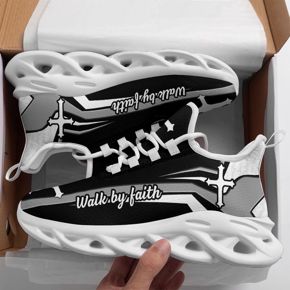 Jesus Walk By Faith Running Sneakers Black And White Soles Max Soul Shoes, Max Soul Sneakers, Max Soul Shoes
