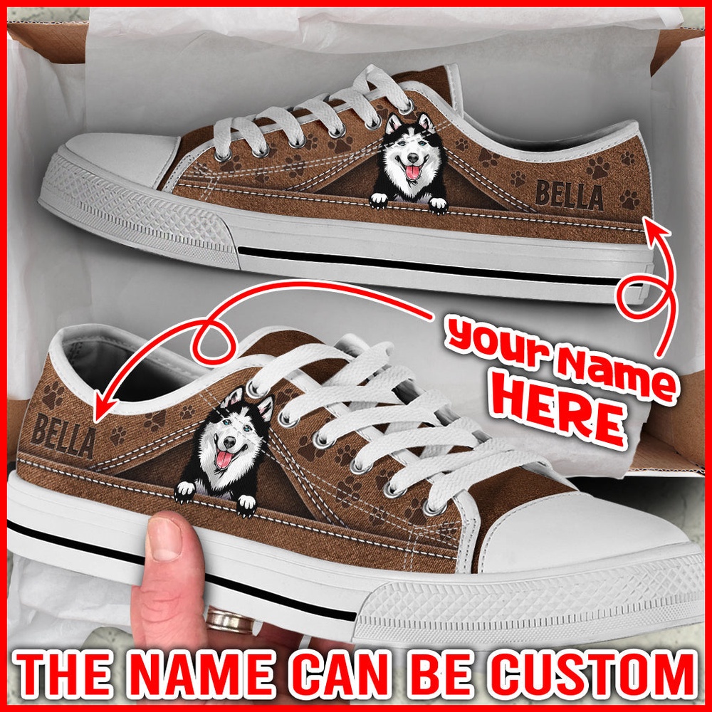 Personalized Husky Dog Lover Shoes Peeking Low Top Sneaker, Designer Low Top Shoes, Low Top Sneakers