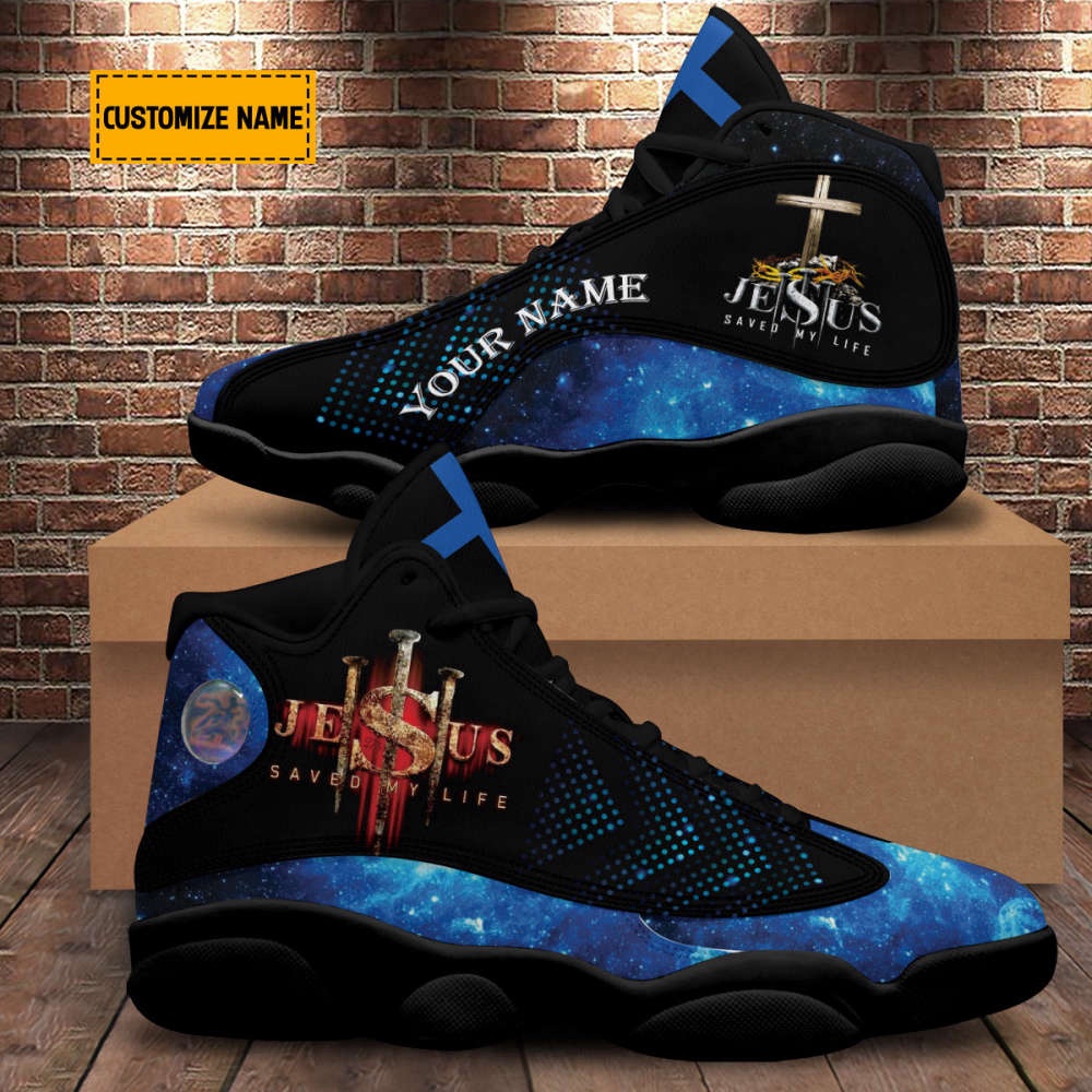 Personalized Jesus Saved My Life Basketball Shoes With Thick Soles, Blue Design, Christian Basketball Shoes, Basketball Shoes 2024