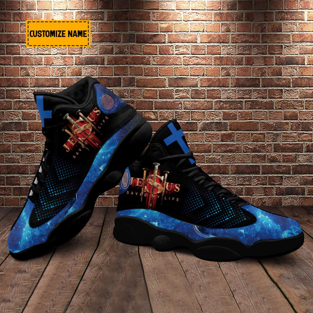 Personalized Jesus Saved My Life Basketball Shoes With Thick Soles, Blue Design, Christian Basketball Shoes, Basketball Shoes 2024