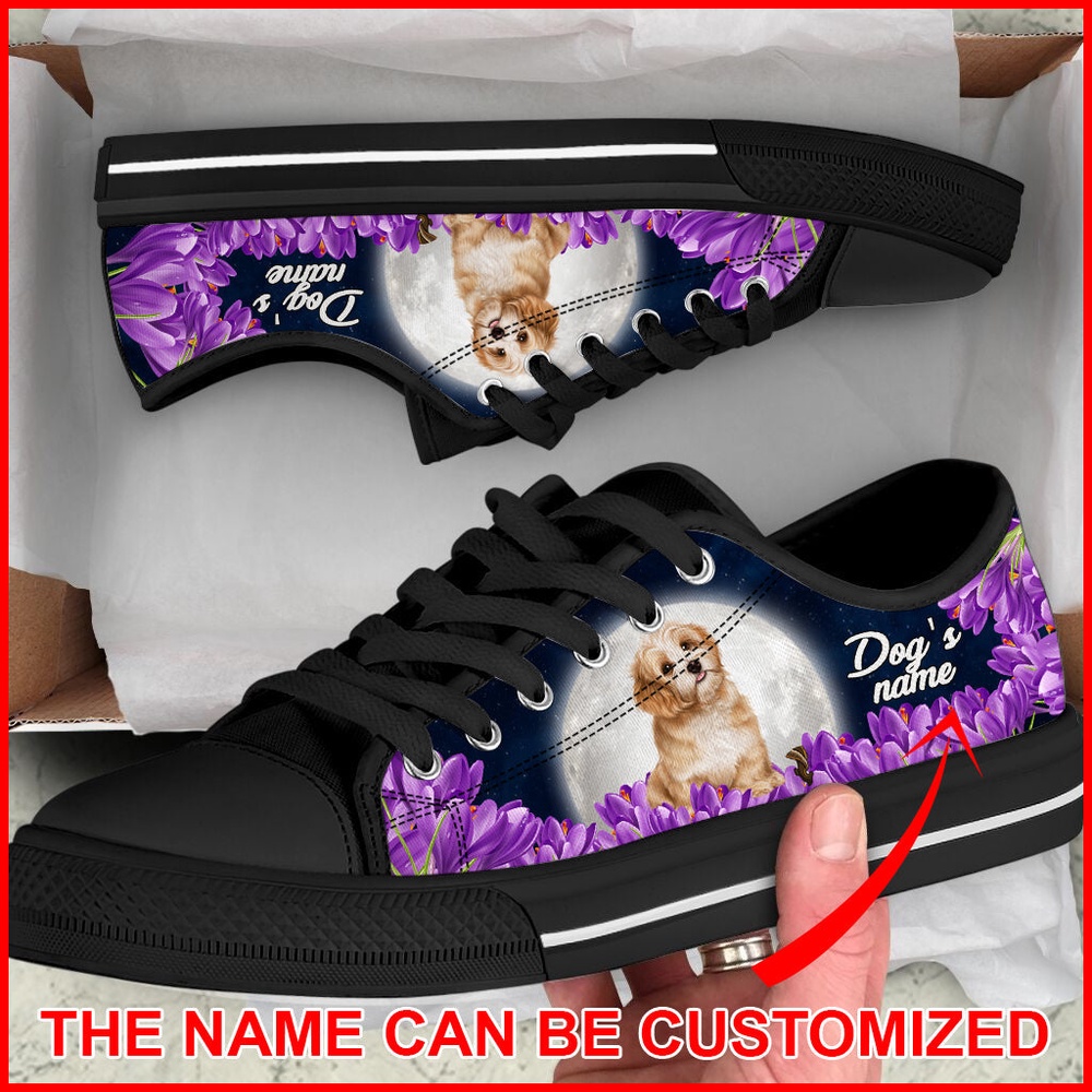 Personalized Shih Tzu Dog And Purple Flower Low Top Sneaker, Designer Low Top Shoes, Low Top Sneakers
