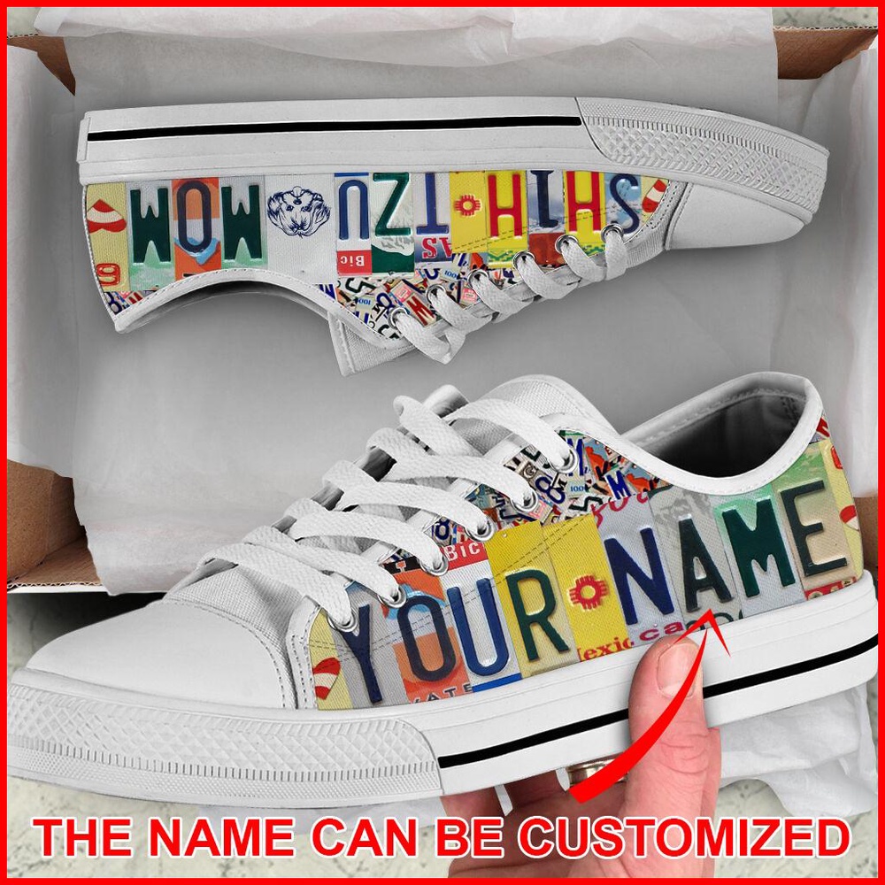 Personalized Shih Tzu Dog Mom License Plate Low Top Sneaker, Designer Low Top Shoes, Low Top Sneakers