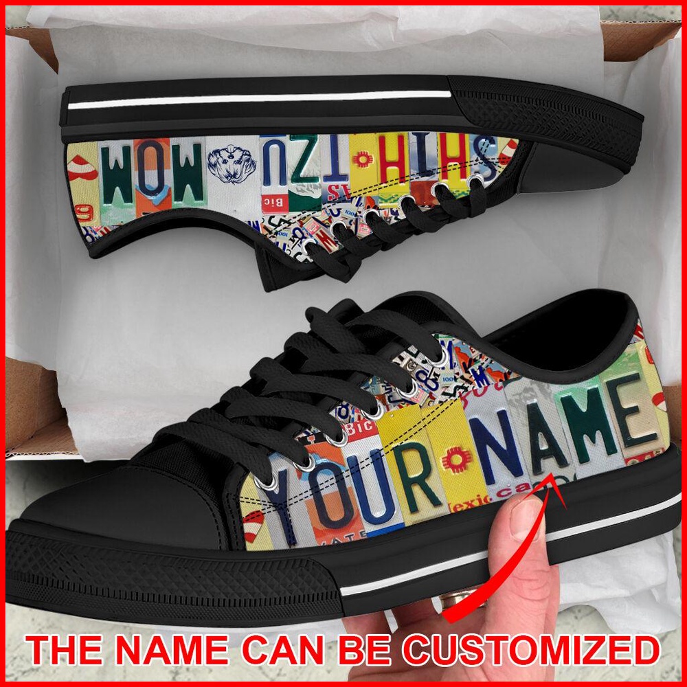 Personalized Shih Tzu Dog Mom License Plate Low Top Sneaker, Designer Low Top Shoes, Low Top Sneakers
