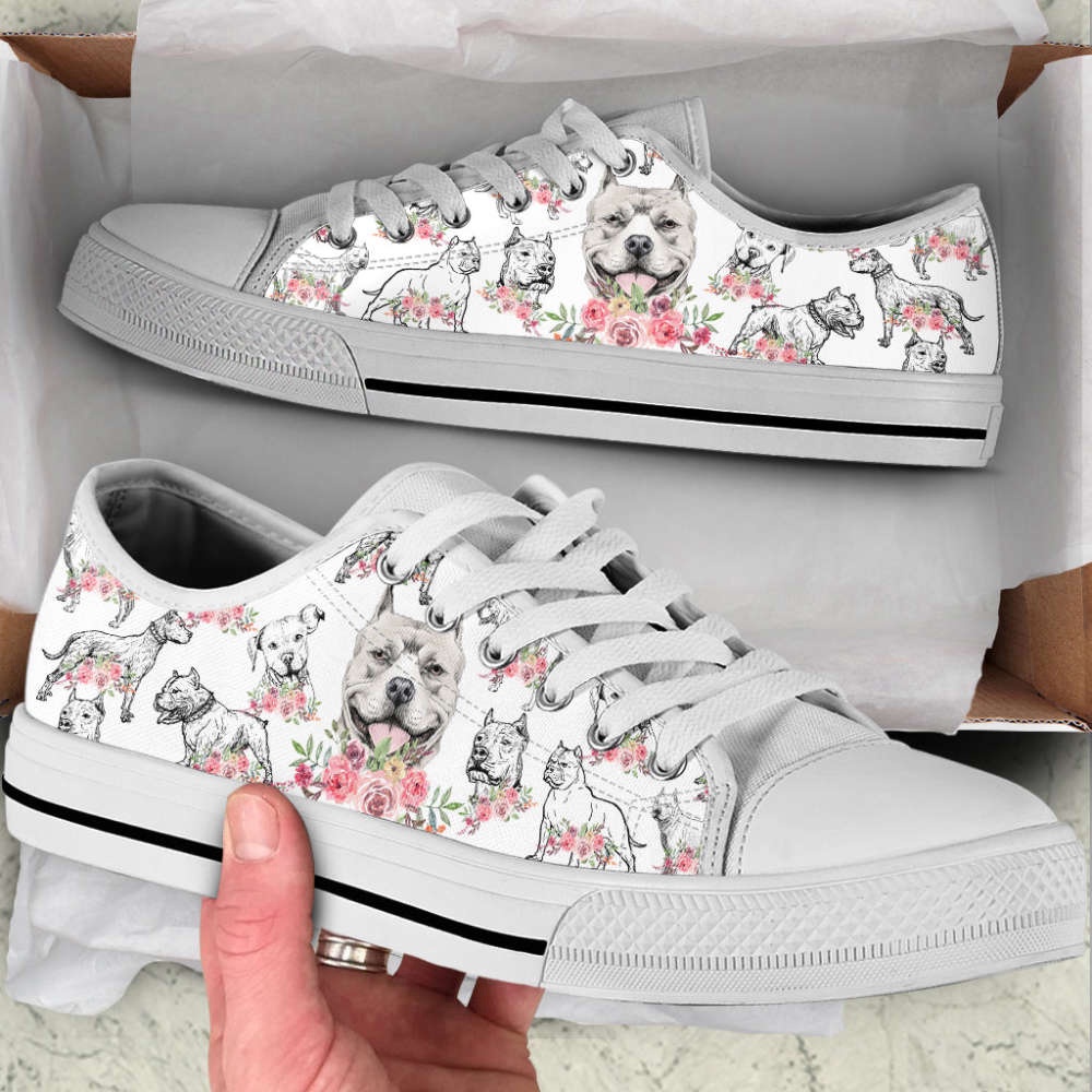 Pitbull Dog Watercolor Flower Low Top Shoes Canvas Sneakers, Designer Low Top Shoes, Low Top Sneakers