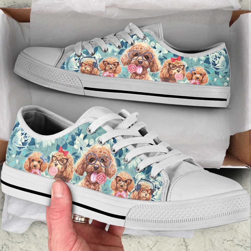 Poodle Dog Flowers Pattern Low Top Shoes Canvas Sneakers, Designer Low Top Shoes, Low Top Sneakers