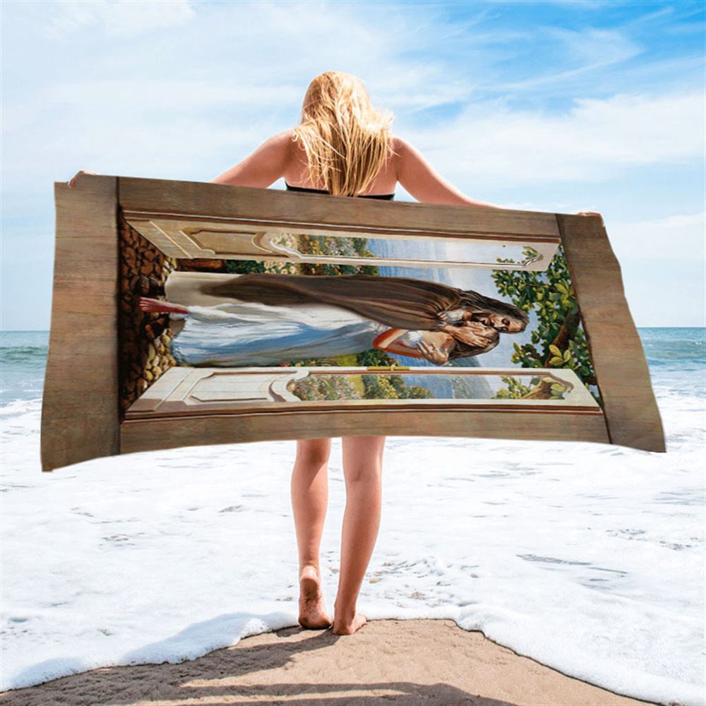 Pretty Girl Beautiful Forest Walking With Jesus Beach Towel, Christian Beach Towel, Beach Towel