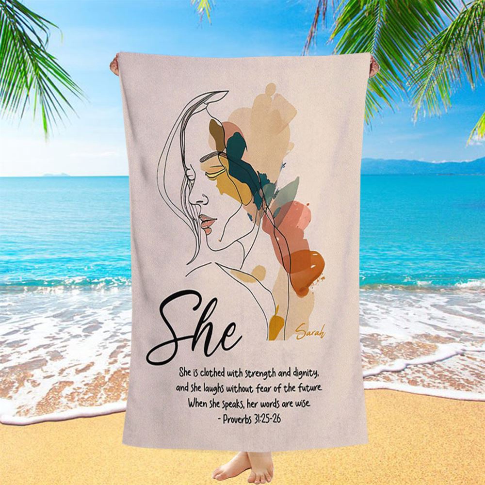 Proverbs 315-6 When She Speaks, Her Words Are Wise Personalized Beach Towel, Christian Beach Towel, Beach Towel
