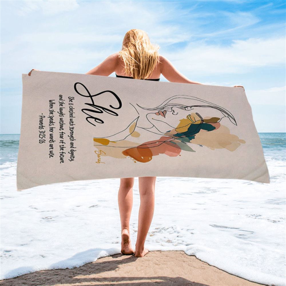 Proverbs 315-6 When She Speaks, Her Words Are Wise Personalized Beach Towel, Christian Beach Towel, Beach Towel