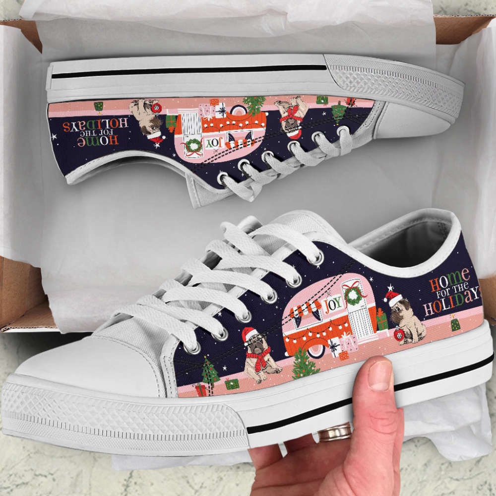 Pug Dog Christmas Car Happy Low Top Shoes Canvas Sneakers Casual Shoes, Designer Low Top Shoes, Low Top Sneakers