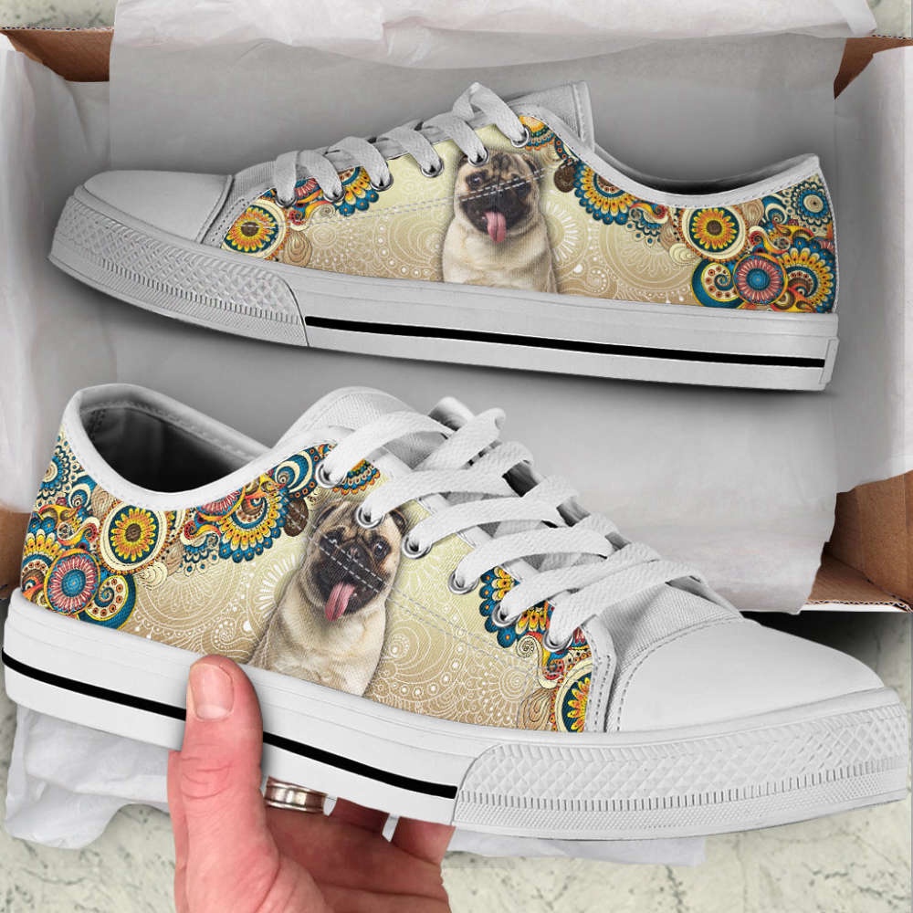 Pug Dog Ethnic Floral Pattern Low Top Shoes Canvas Sneakers Casual Shoes, Designer Low Top Shoes, Low Top Sneakers Pug Dog Ethnic Floral Pattern Low Top Shoes Canvas Sneakers Casual Shoes, Designer Low Top Shoes, Low Top Sneakers