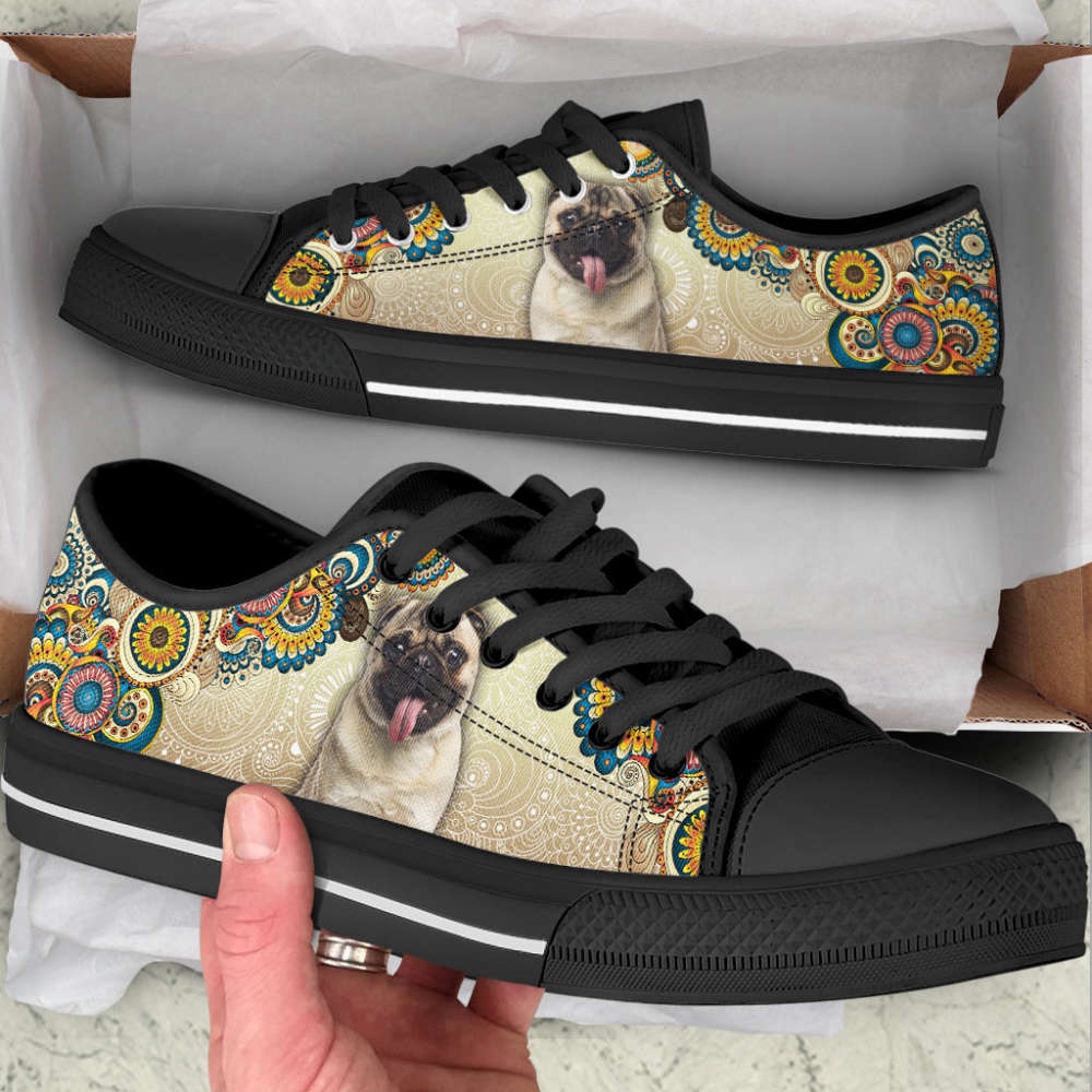 Pug Dog Ethnic Floral Pattern Low Top Shoes Canvas Sneakers Casual Shoes, Designer Low Top Shoes, Low Top Sneakers Pug Dog Ethnic Floral Pattern Low Top Shoes Canvas Sneakers Casual Shoes, Designer Low Top Shoes, Low Top Sneakers