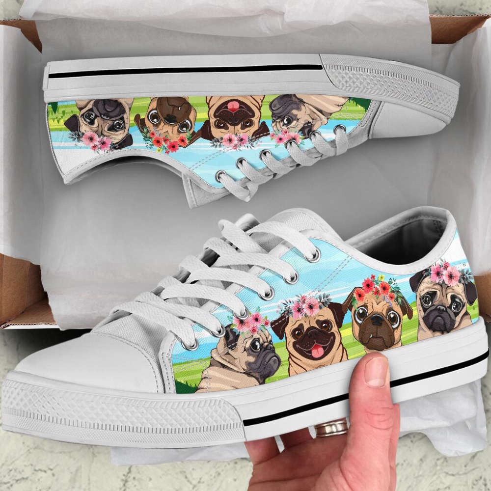 Pug Dog Floral Wreath Low Top Shoes Canvas Sneakers Casual Shoes, Designer Low Top Shoes, Low Top Sneakers