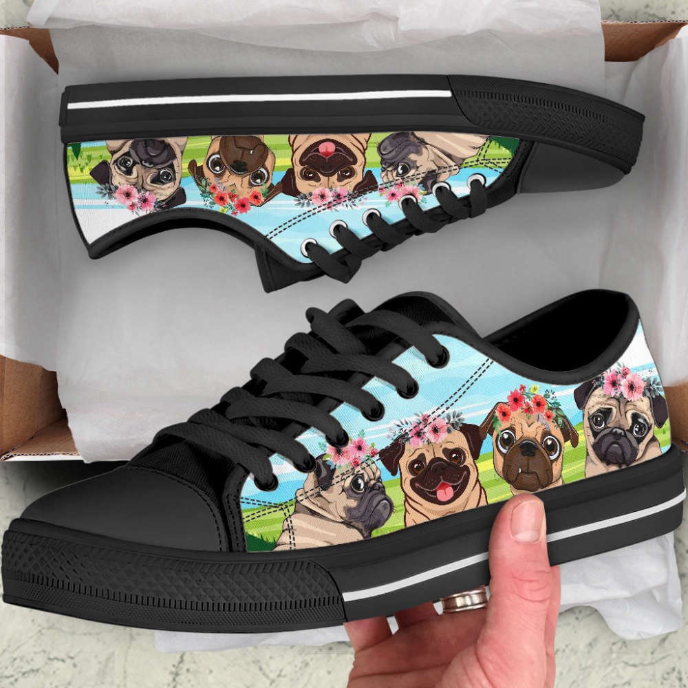 Pug Dog Floral Wreath Low Top Shoes Canvas Sneakers Casual Shoes, Designer Low Top Shoes, Low Top Sneakers