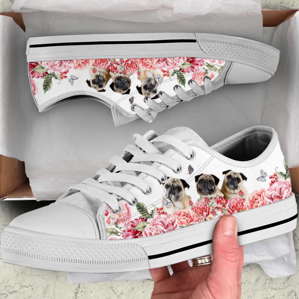 Pug Dog Flower Pink Butterfly Low Top Shoes Canvas Sneakers, Low Tops, Low Top Sneakers