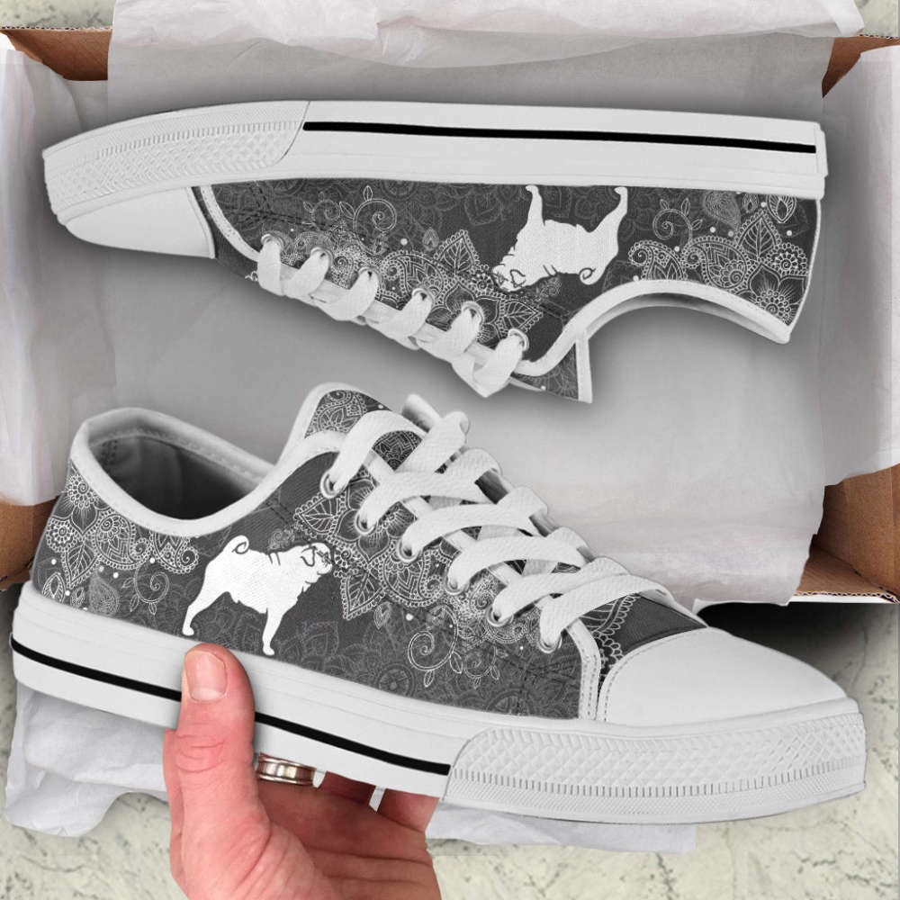 Pug Dog Mandala Black And White Low Top Shoes Canvas Sneakers, Designer Low Top Shoes, Low Top Sneakers