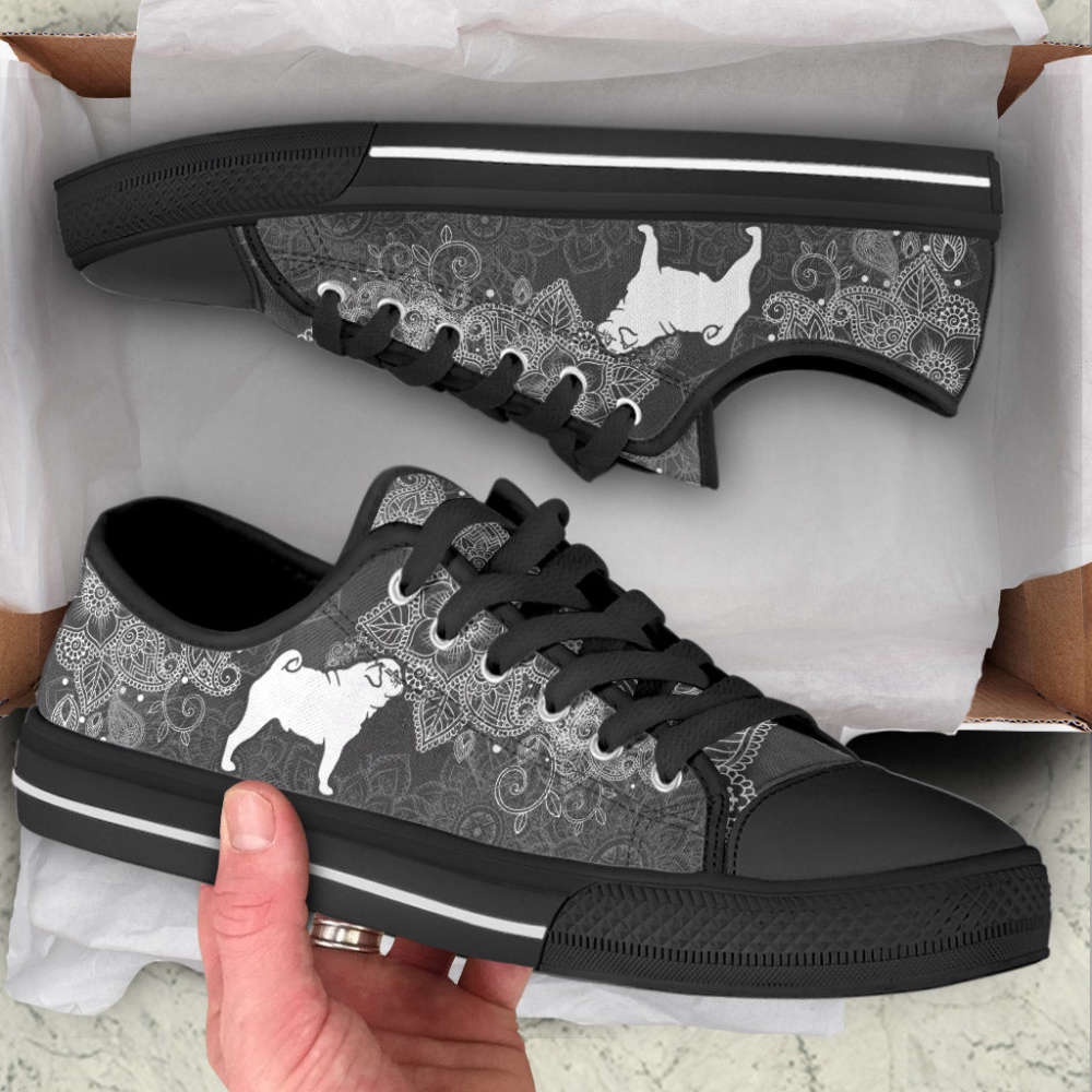 Pug Dog Mandala Black And White Low Top Shoes Canvas Sneakers, Designer Low Top Shoes, Low Top Sneakers