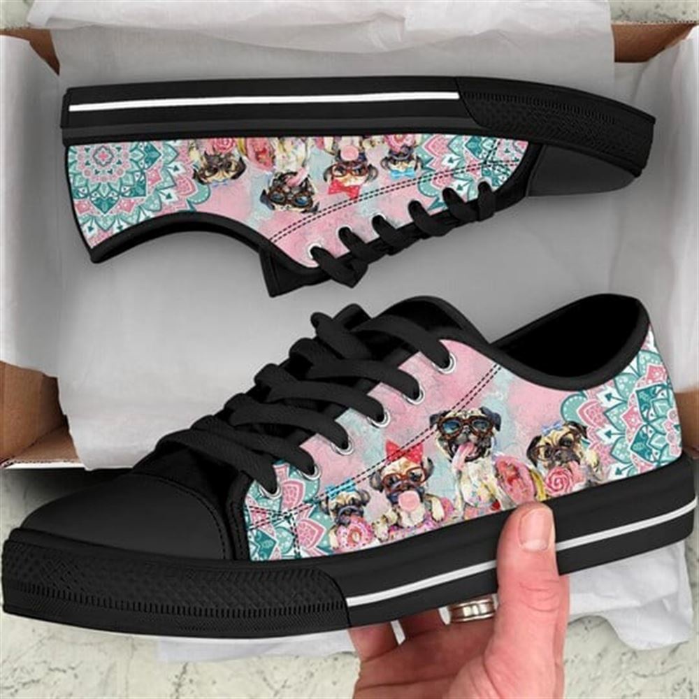 Pug Dog Mandala Pink Canvas Low Top Shoes, Low Top Shoes Mens, Women, Designer Low Top Shoes, Low Top Sneakers