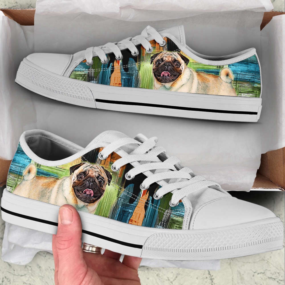 Pug Dog Paint Art Wallpaper Low Top Shoes Canvas Sneakers, Designer Low Top Shoes, Low Top Sneakers